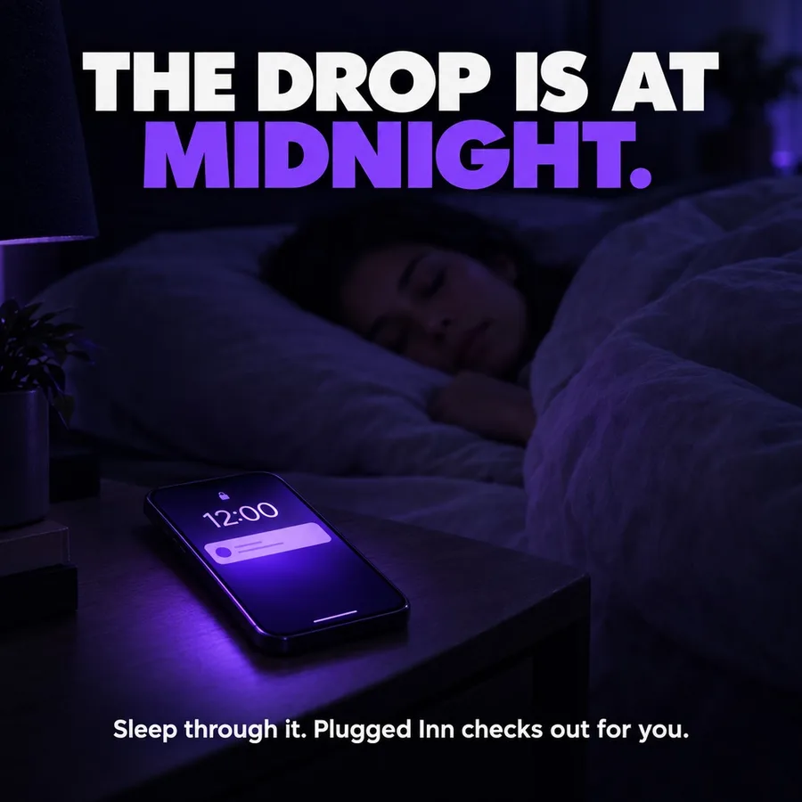 A phone glowing on a bedside table at 12:00. Text: The drop is at midnight. Sleep through it.