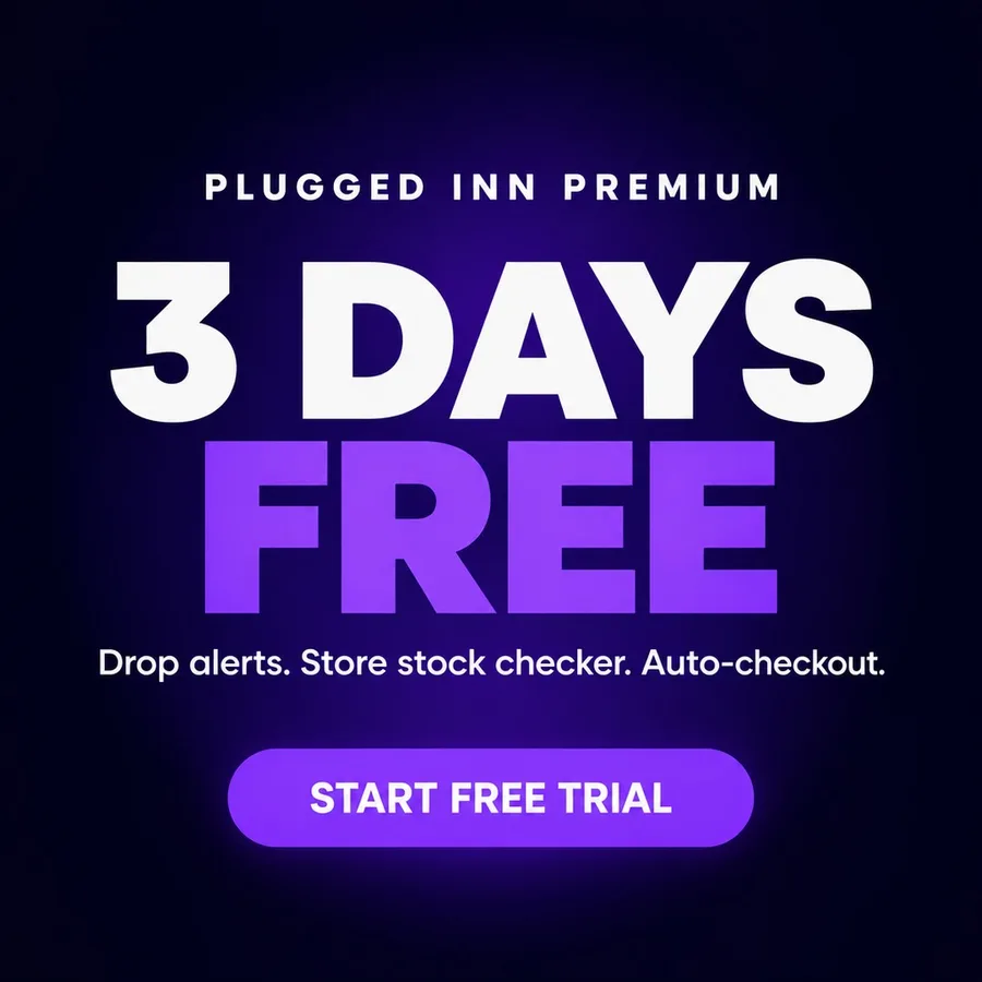 Text: Plugged Inn Premium, 3 days free. Drop alerts, store stock checker, auto-checkout.