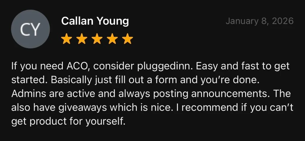 Callan Young, 5 stars, 8 Jan 2026: If you need ACO, consider Plugged Inn. Easy and fast to get started. Basically just fill out a form and you're done.